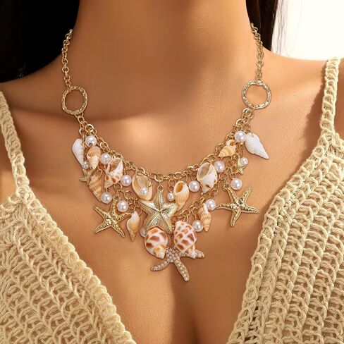 EVER FAITH Fashion Faux Pearl Beaded Sea Shell Collar Necklace Summer Beach Natural Handmade Boho Hawaiian Seashell Jewelry Surfer Beachy Stuff Accessories in Saudi Arabia