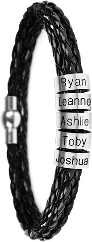 SOULSIS Mens Custom Bracelet Personalized Black Braid Leather Bracelets with 1-9 Names Engraved in Custom Beads Custom ID Bracelet for Men in Saudi Arabia