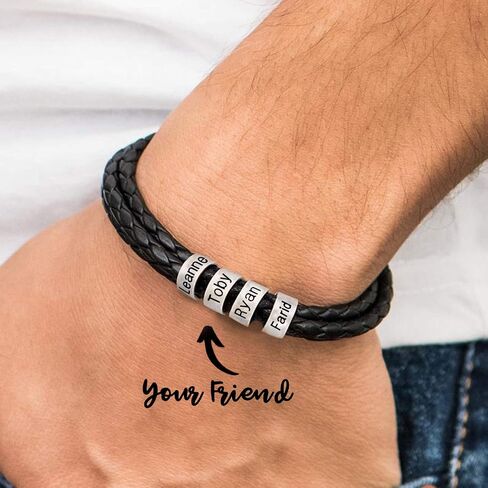SOULSIS Mens Custom Bracelet Personalized Black Braid Leather Bracelets with 1-9 Names Engraved in Custom Beads Custom ID Bracelet for Men in Saudi Arabia