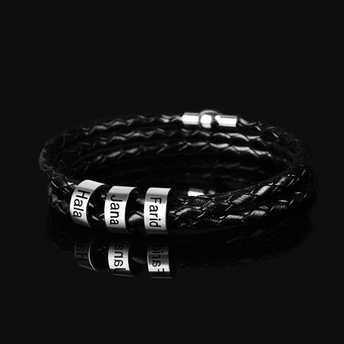 SOULSIS Mens Custom Bracelet Personalized Black Braid Leather Bracelets with 1-9 Names Engraved in Custom Beads Custom ID Bracelet for Men in Saudi Arabia