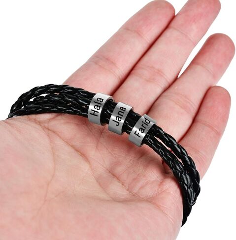 SOULSIS Mens Custom Bracelet Personalized Black Braid Leather Bracelets with 1-9 Names Engraved in Custom Beads Custom ID Bracelet for Men in Saudi Arabia