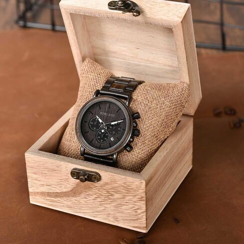 Mens Wooden Watches Business Casual Wristwatches Stylish Ebony Wood & Stainless Steel Combined Chronograph in Kuwait