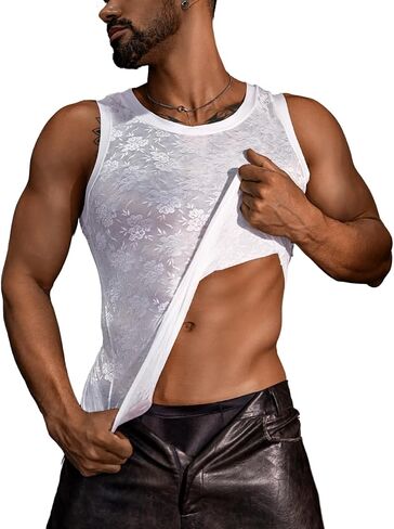 Men's Tank Top, Sheer Lace Undershirts, Sexy Mens Sleeveless Shirt, Sissy Clothes for Men Femboy Lingerie Mesh in Saudi Arabia