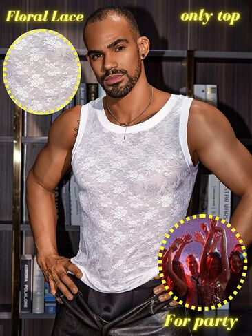 Men's Tank Top, Sheer Lace Undershirts, Sexy Mens Sleeveless Shirt, Sissy Clothes for Men Femboy Lingerie Mesh in Saudi Arabia