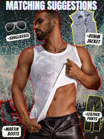 Men's Tank Top, Sheer Lace Undershirts, Sexy Mens Sleeveless Shirt, Sissy Clothes for Men Femboy Lingerie Mesh in Saudi Arabia