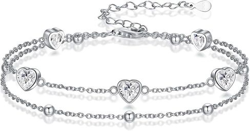 Birthstone Anklet/Bracelets for Women 925 Sterling Silver Charm Link Double Strand Heart Birthstone Jewelry Gift for Wife Women Mother's Day Gift in Kuwait