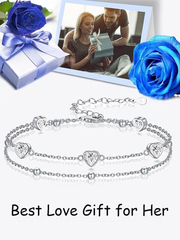 Birthstone Anklet/Bracelets for Women 925 Sterling Silver Charm Link Double Strand Heart Birthstone Jewelry Gift for Wife Women Mother's Day Gift in Kuwait