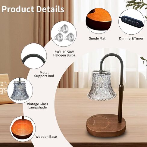 Candle Warmer Lamp with Timer，Adjustable Height Electric Candle Lamp Warmer，Dimmable Wax Melt Warmer with 3 Bulbs for Jar Candles，Mom Christmas Birthday Gifts for Women New Home Office Decor (Walnut) in Saudi Arabia