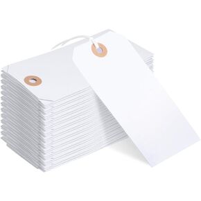 100 Pack White Blank Tags with String, Gift Tags with String Attached, Price Tags Shipping Tags with String, Paper Hanging Tags with Reinforced Hole for Labeling Clothing Tags Inventory Tags