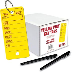 Better Office Products 500 Poly Key Tags, 1.375" x 3", Durable Plastic Dealership Automotive Service Shop Tags, includes 500+ Rings and 2 Black Markers, (White)