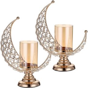 OwnMy Set of 2 Gold Moon Shaped Crystal Pillar Candle Holders Tealight Holders with Glass Covers, Metal Crystal Moon Pillar Candle Stands Votive Candlesticks Candle Lamps for Table Centerpieces