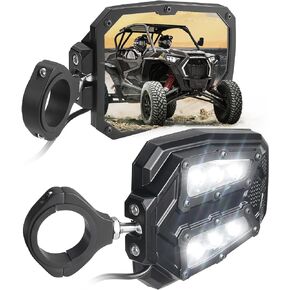KEMIMOTO UTV Side Mirror Lights, Rear View Mirror for 1.75" / 2" Roll Cage Bar Break Away with Ball Joint LED Light Mirrors 2.0 Compatible with Polaris RZR Ranger Can-Am X3 Kawasaki Teryx