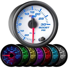 GlowShift White 7 Color 30 PSI Turbo Boost/Vacuum Gauge Kit - Includes Mechanical Hose & T-Fitting - White Dial - Clear Lens - for Car & Truck - 2-1/16" 52mm