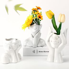 3 Pcs Ceramic Face Vase Female Form Vase Modern Body Vase Decorative Head Vase Head Half Body Bust Vases Face Flower Vases for Decor Centerpiece Home Bedroom Living Room Table Shelf Office (Black)