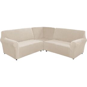 MIFXIN Sectional Corner Sofa Covers 5 Seat L-Shaped Sectional Couch Slipcovers 3 Piece Velvet Stretch Soft Washable Furniture Sofa Protector for 5-Seater Corner Sofas (Beige)