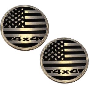(Set of Two) 4x4 Metal 3D American Flag Emblems 2.4" Chrome Black Round USA Fender Badge Fits Jeep Wrangler Grand Cherokee Liberty Trail Rated USA YJ TJ JK JL FJ RZR Can Am Stick On Patriotic
