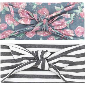 Women's Bow Headband Yoga Running Exercise Sports Workout Athletic Gym Wide Sweat Wicking Stretchy No Slip 2 Pack Set Navy Floral and Stripes Bodhi Bow by Maven Thread