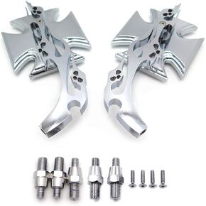 HTTMT MT252-003+TTT001- Maltese Cross Emblem Flame Style Motorbike Chromed Billet Custom Running Acrylic Mirrors Universal Compatible with All Kawasaki Suzuku Cruiser Bike Models