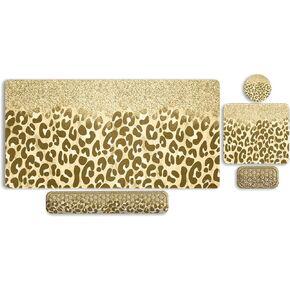 MOSISO Extended Gaming Mouse Pad&Massage Keyboard Wrist Rest&Mousepad&Wrist Rest&Coaster, Glitter Leopard Print Ergonomic Non-Slip Base Pad&Easy Typing Cushion with Memory Foam for Home Office, Gold