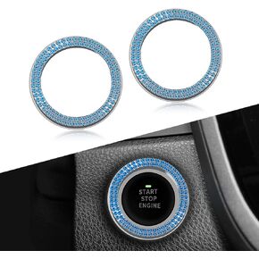 2 PCS B-ling Engine One-Touch Start Cover, Start Stop Decoration Ring, Double Row Crystal Rhinestone Auto Button Sticker, Car Universal Engine Start Ring Decal (Dark Blue)