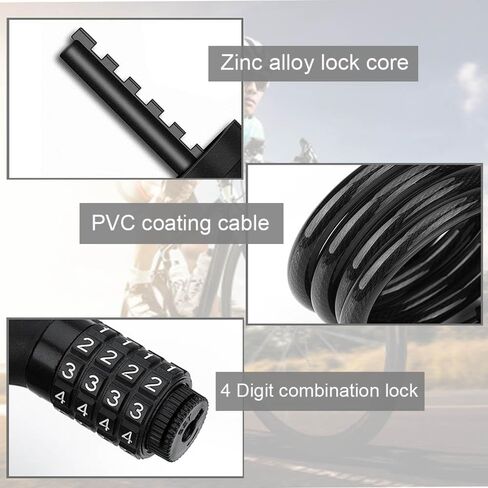 قفل الدراجة مكون من 4 أرقام قابلة لإعادة الضبط، مجموعة قفل الدراجة بطول 4 أقدام، كابل قفل الدراجة ذاتي اللف، مضاد للسرقة، قفل سكوتر مع دعامة تثبيت للدراجات والدراجات البخارية in Kuwait