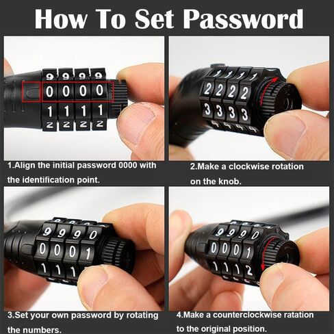 قفل الدراجة مكون من 4 أرقام قابلة لإعادة الضبط، مجموعة قفل الدراجة بطول 4 أقدام، كابل قفل الدراجة ذاتي اللف، مضاد للسرقة، قفل سكوتر مع دعامة تثبيت للدراجات والدراجات البخارية in Kuwait