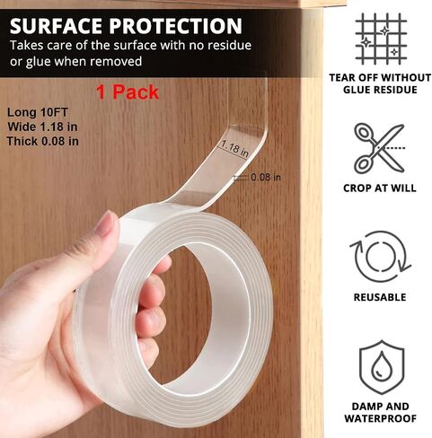 Double Sided Tape, Clear Mounting Tape Strong Adhesive Strips Sticky Nano Tape, Washable and Reusable - Wall Tape for Picture Photo Carpet Decoration,Fix Carpet Mats, etc - 1 Roll 10FT in Saudi Arabia
