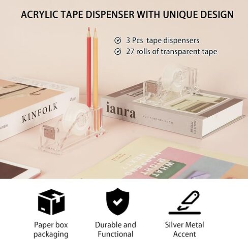 Transparent Tape 27 Rolls 3/4 x 1000 Inches and 3pc Dispenser,Clear Tape Refills Rolls Each Roll 1 inch Core, for Office, Home, School. in Kuwait