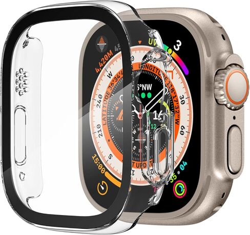 مصد رياضي متين من OXWALLEN مصمم لساعة Apple Watch Ultra 49 مم، واقي شاشة مدمج من الزجاج المقوى 9H، غطاء حماية صلب من البولي كربونات - شفاف كريستالي in Kuwait