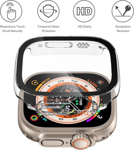 مصد رياضي متين من OXWALLEN مصمم لساعة Apple Watch Ultra 49 مم، واقي شاشة مدمج من الزجاج المقوى 9H، غطاء حماية صلب من البولي كربونات - شفاف كريستالي in Kuwait