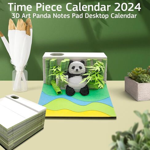 Time Piece Calendar 2024, 3D Art Panda Notes Pad Desktop Calendar Crafty Desktop Paper Decorative Sculpture with Pen Holder Weekly Calendar for Decoration Holiday Gifts in Kuwait