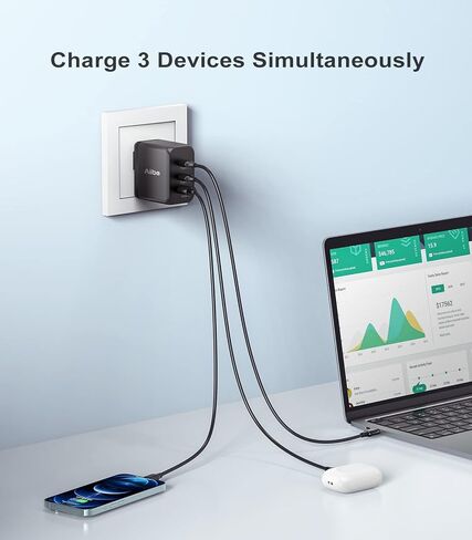 Aiibe USB C شاحن 65W 3-Port PD 3.0 شاحن سريع 65W GaN Wall Charger USB C Charger Block Type-C محول قابل للطي لـ MacBook Pro/Air، iPad Pro، iPhone 15/14/Pro، Galaxy S23 S22، Dell XPS13، أجهزة الكمبيوتر المحمولة in Kuwait