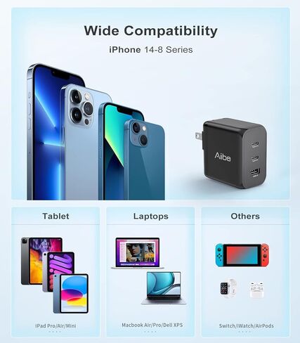 Aiibe USB C شاحن 65W 3-Port PD 3.0 شاحن سريع 65W GaN Wall Charger USB C Charger Block Type-C محول قابل للطي لـ MacBook Pro/Air، iPad Pro، iPhone 15/14/Pro، Galaxy S23 S22، Dell XPS13، أجهزة الكمبيوتر المحمولة in Kuwait