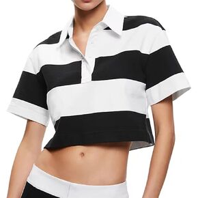 LilyCoco Women's Striped Polo Shirt Summer Short Sleeve Crop Top T Shirt