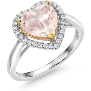 Gem Stone King 1.96 Cttw Heart Rose Rose Quartz and Lab Grown Diamond 925 Silver and 10K Yellow Gold Ring for Women | Gemstone Birthstone | 8MM Heart Shape | Available In Size 5, 6, 7, 8, 9