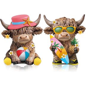 Karenhi 2 Pcs Highland Cow Figurines Summer Beach Seaside Coastal Highland Cow Gnomes Scottish Resin Statue Calf Lovers Gifts for Summer Home Garden Kitchen Office Tiered Tray Table Decor