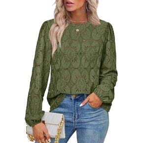 OFEEFAN Blouses for Women Dressy Casual Long Sleeve Shirts Flower Lace Tops Trendy Summer Fashion Fall Outfits 2025