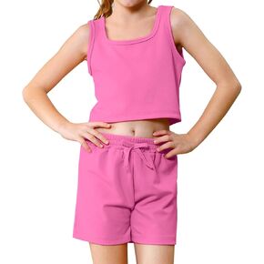 U·nikaka Girls 2 Piece Outfits Casual Girls Shorts Sets Sleeveless Crop Tank Top and Short Sets Ribbed Workout Sets Summer