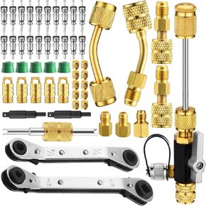 MGAVCT Mega Flow Vacuum-Rated Valve Core Remover Installer Tool with Refrigeration Repair Wrench Dual Size3/8"1/4" 5/16''3/16''Port Service Ratchet Wrench with Hex Bit Adapter and Valve Core
