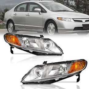 for 2006-2011 Honda Civic 4-Door Headlights Replacement for Headlight Pair Headlamp Chrome Housing Amber Reflector Left+Right Side (Does NOT fit 2-Door Coupe models