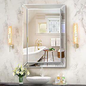 Pregaspor Wall Mirror for Bathroom, 24" x 36" Rectangular Frameless Vanity Mirror, Polished Beveled for Over Sink