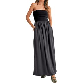 MISSACTIVER Womens Summer Drop Waist Flowy Patchwork Strapless Maxi Tube Dress Off Shoulder Casual Bandeau Tank Dress
