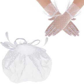 2Pcs 50s Fascinator Hats Mesh Feather Hat Clip Short Lace Polka Gloves for Women Funeral Church Tea Party Outfit