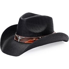 thuizen Western Sturdy Pinch Crown Rolled Brim Straw Cowboy Hat with Decent Bullhead