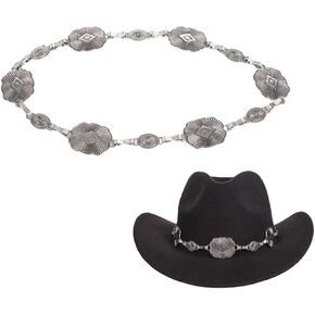 Ethnic Metal Cowboy Hat Band Decorative Fedora Panama Strap Belt Replacement Hatband for Women Men Straw Hat Beach Cap (Hat Band Only) Silver