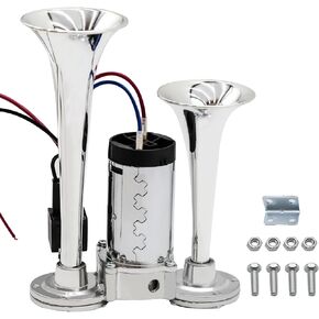 Upgraded 12V Air Horn Kit 600DB - Dual Trumpet Train Horn for Pickup Trucks, Heavy Duty Vehicles, Motorcycles & Boats with High-Pressure Compressor Black