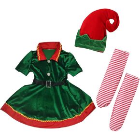 Kids Toddler Baby Girls Christmas Elf Costume Santa Clothes Velvet Princess Dress Hat Socks Holiday Dress Up Costume in Kuwait
