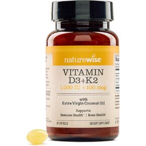 NatureWise Vitamin D3 1000IU + K2 (MK7) 100mcg with Organic Extra Virgin Coconut Oil - Supports Calcium Absorption, Bone & Immune Health - Non-GMO, Soy & Gluten-Free - 90 Softgels[3-Month Supply]