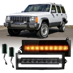 USR 84-96 XJ SUV Turn Signal Light – Front Signal Lamps (Left + Right) Pair - Compatible with 1984-1996 Jeep Cherokee / 1986-1992 Comanche All Models (SMOKE LENS w/LED AMBER-WHITE DRL SWITCHBACK)