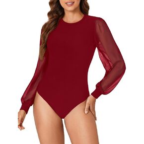 Vrtige Women's Elegant Crewneck Mesh Sheer Long Sleeve Fitted Bodysuit Top Leotaed